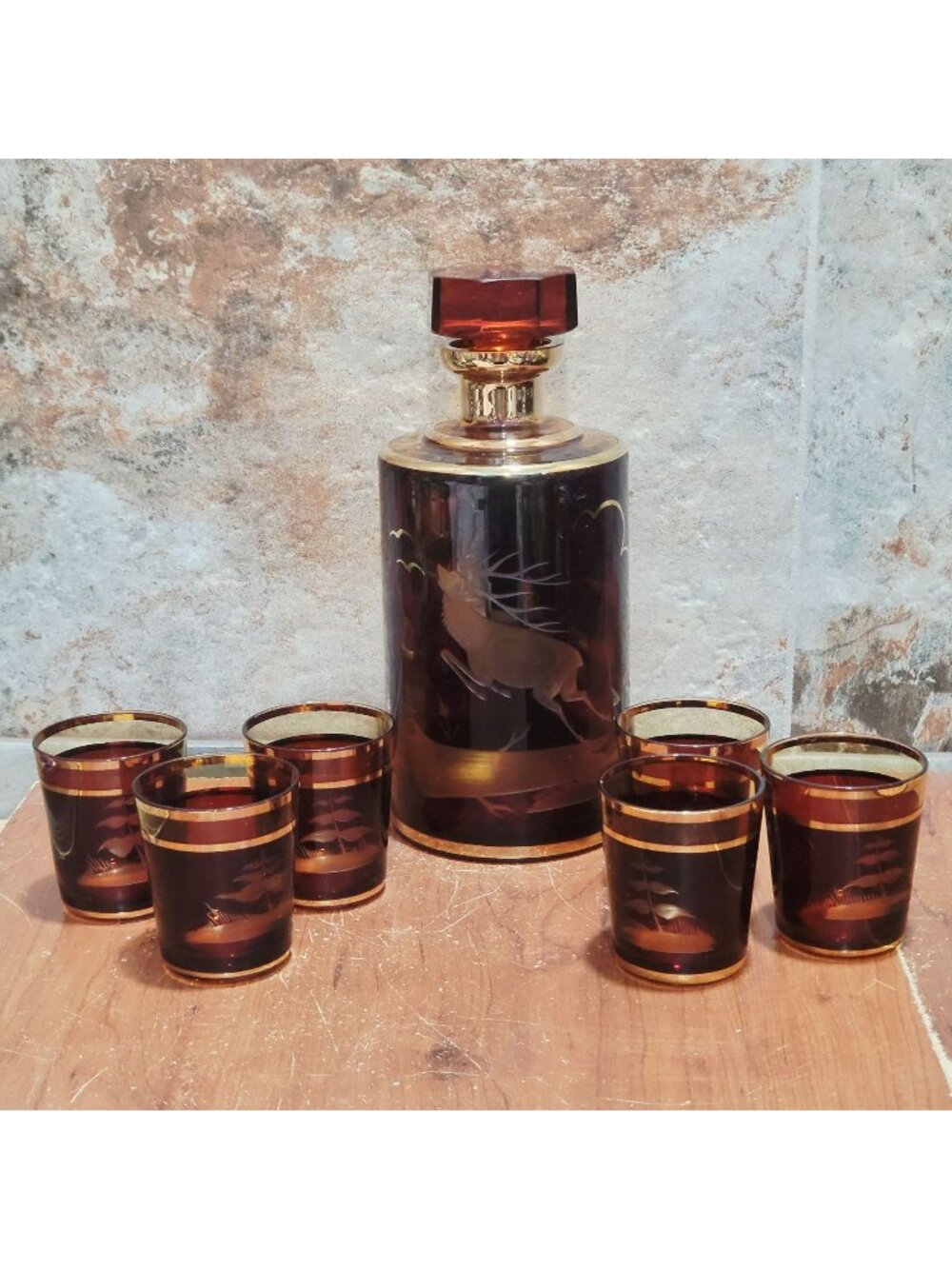 Vintage Bohemian Czech Amber Glass Decanter Etched Deer Stag Motif 24K Gold Trim